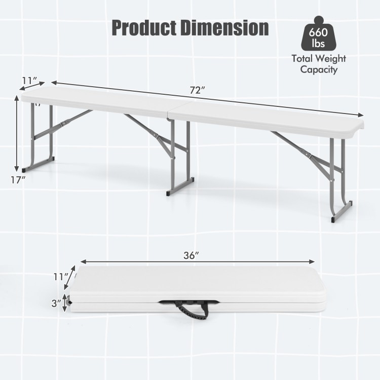 6-foot white plastic folding bench with carrying handle, supports 660 lbs, ideal for camping and dining.