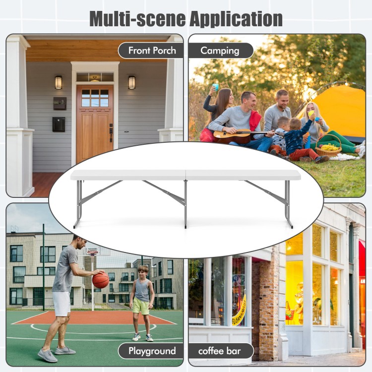 6-foot white plastic folding bench with carrying handle, ideal for camping, dining, or outdoor gatherings.