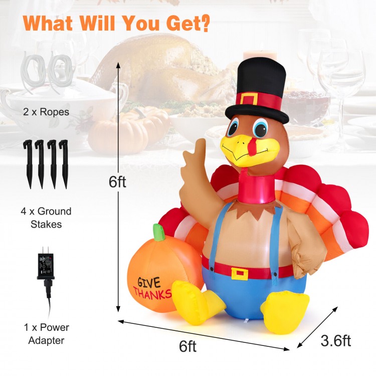 6-foot inflatable turkey with pumpkin, LED lights, and ground stakes for Thanksgiving outdoor decoration.
