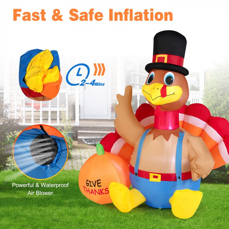 6-foot inflatable turkey with pumpkin, LED lights, waterproof fabric, perfect for Thanksgiving outdoor decoration.