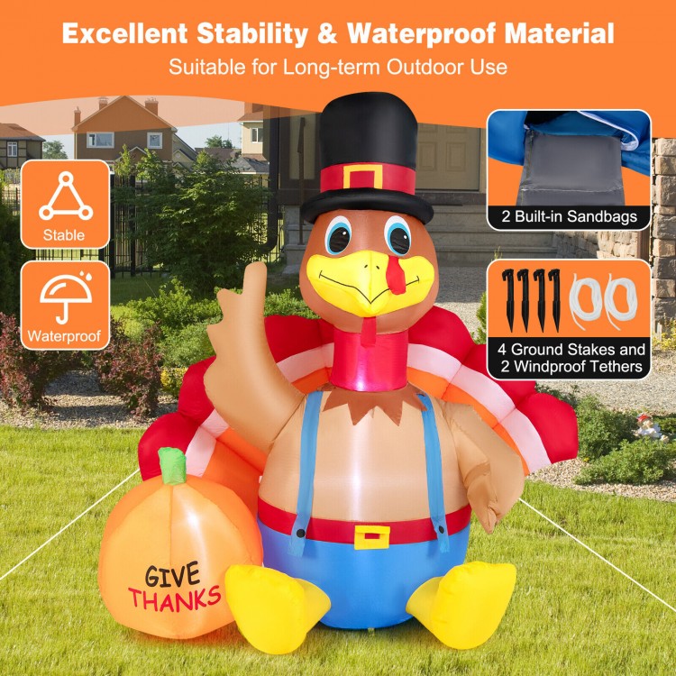 6-foot inflatable Thanksgiving turkey with pumpkin, LED lights, waterproof material, ideal for outdoor decoration.
