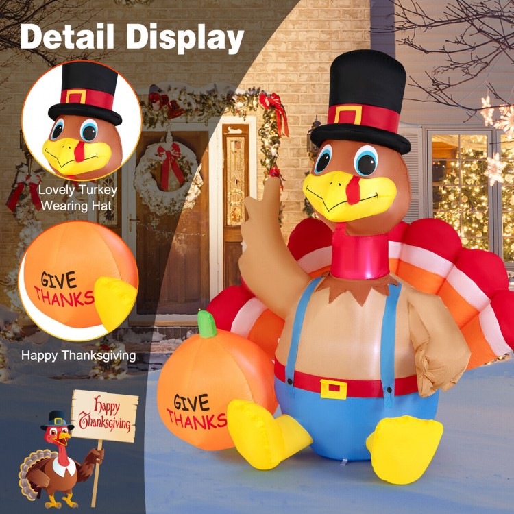 Inflatable turkey with pumpkin, 6 feet tall, featuring LED lights for Thanksgiving outdoor decor and stability.