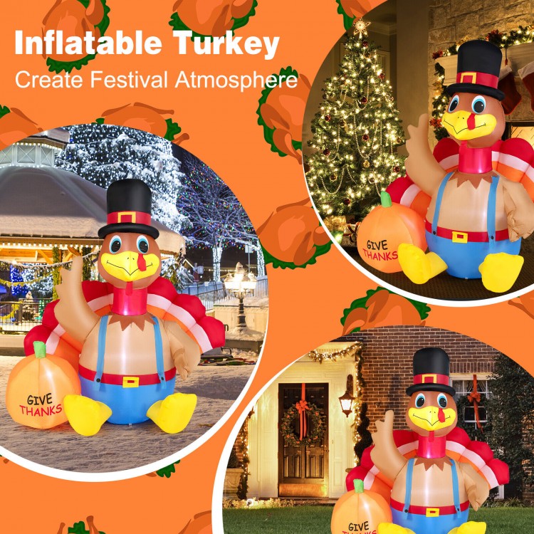 6-foot inflatable turkey with pumpkin and LED lights, perfect for Thanksgiving outdoor decoration and festive.