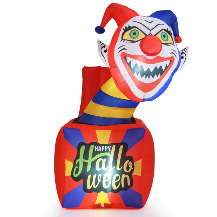 6 ft Halloween inflatable clown with LED lights, featuring a playful jack-in-a-box design for indoor or outdoor decor.