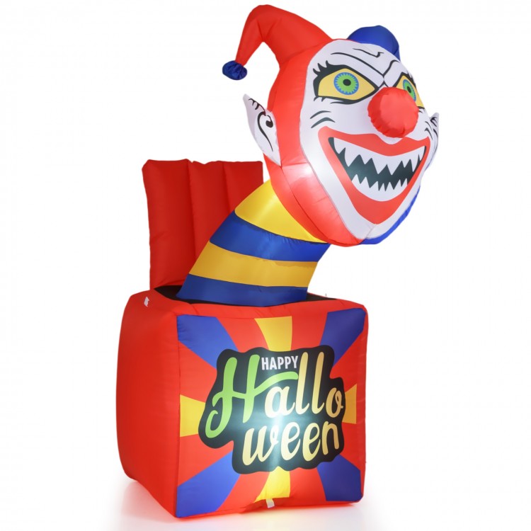 6 ft Halloween inflatable clown with LED lights, featuring a playful jack-in-a-box design for indoor or outdoor.
