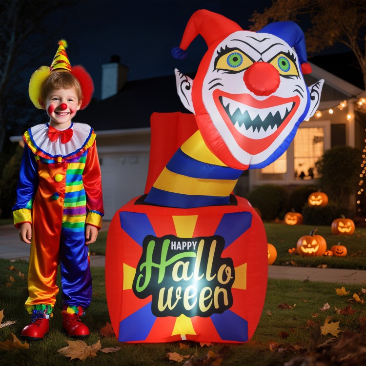 6 ft Halloween inflatable clown with LED lights, showcasing a colorful jack-in-the-box design for festive outdoor fun.