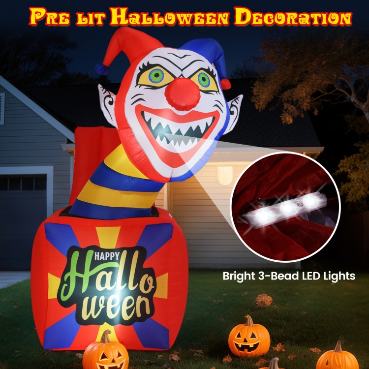 6 ft inflatable Halloween clown with LED lights, featuring a playful jack-in-a-box design for indoor or outdoor decor.