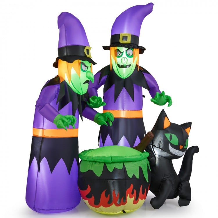 Inflatable 6 ft Halloween witches with cauldron and black cat, featuring bright LEDs for outdoor spooky decor.
