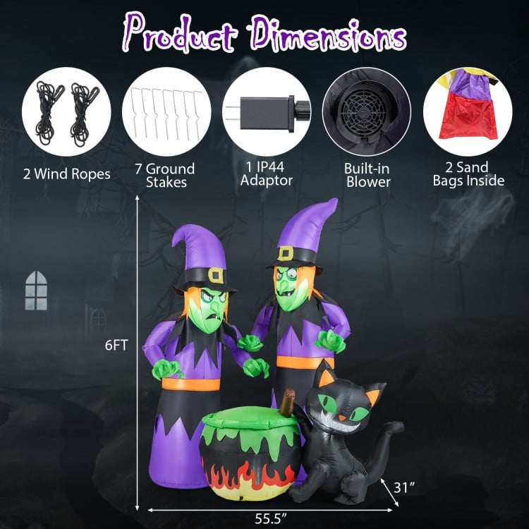 6 ft inflatable Halloween witches with cauldron and black cat, featuring LED lights for outdoor spooky decor.