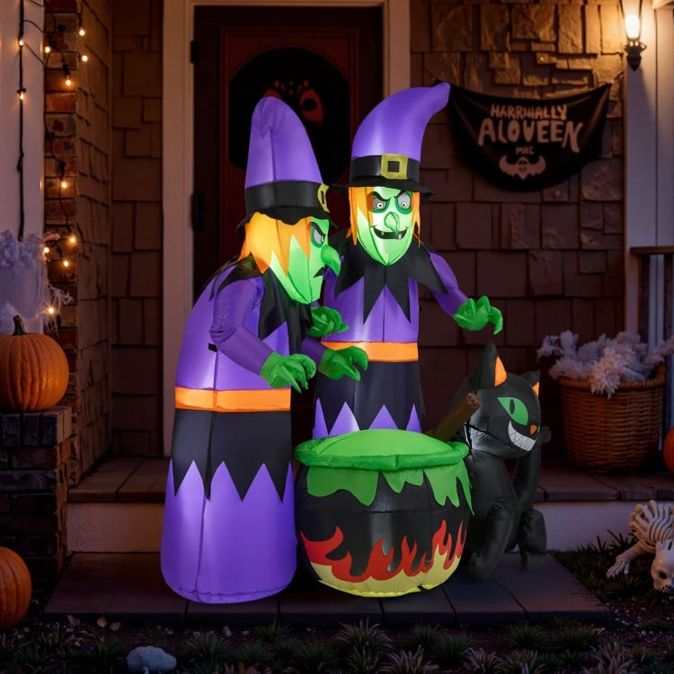 6 ft inflatable Halloween witches with cauldron and black cat, showcasing vibrant colors for a festive yard display.