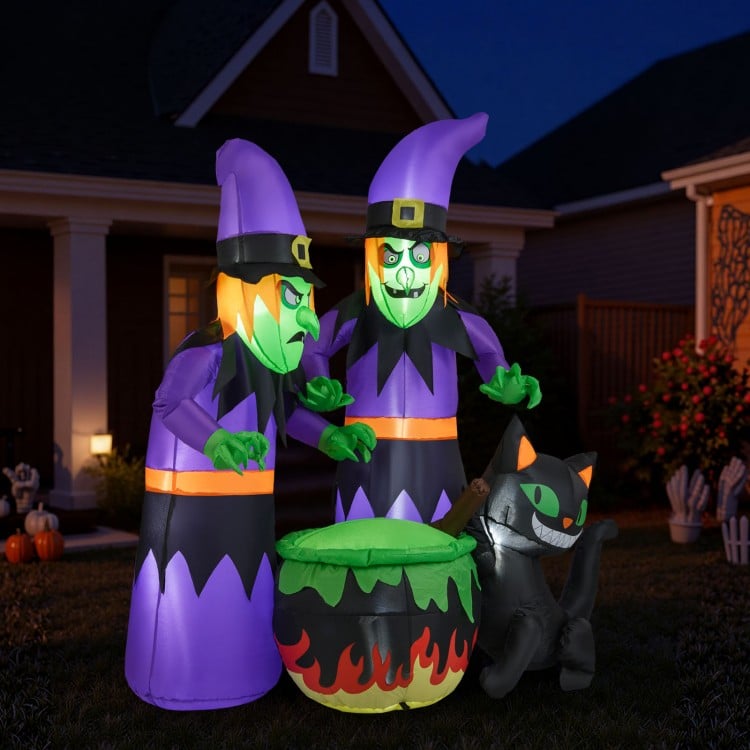 6 ft inflatable Halloween witches with a cauldron and black cat, showcasing a whimsical design for festive outdoor.