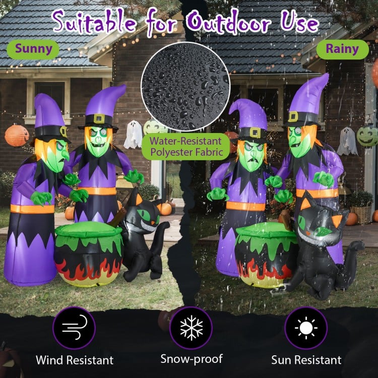 6 ft inflatable Halloween witches with cauldron and black cat, made of water-resistant polyester for outdoor use.