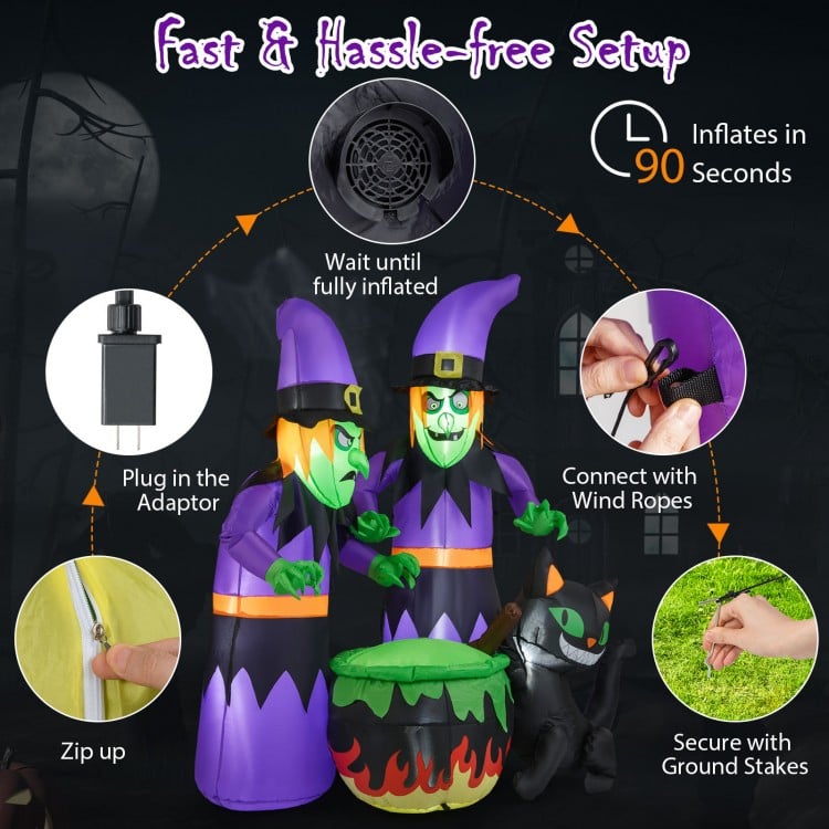 6 ft inflatable Halloween witches with cauldron and black cat, lights up with LEDs, perfect for outdoor spooky displays.