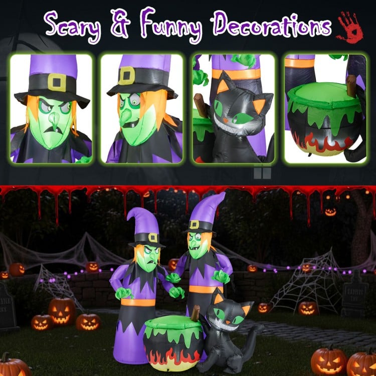 6 ft inflatable Halloween witches and black cat with cauldron, ideal for creating a fun and spooky outdoor atmosphere.