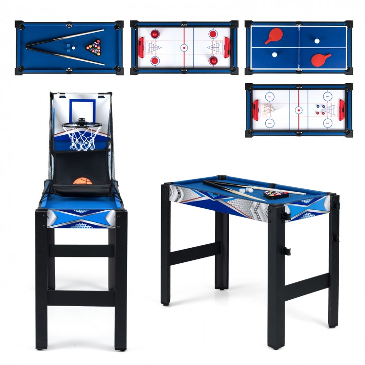 6-in-1 combo game table featuring basketball, billiards, and hockey with adjustable legs for stability and safety.