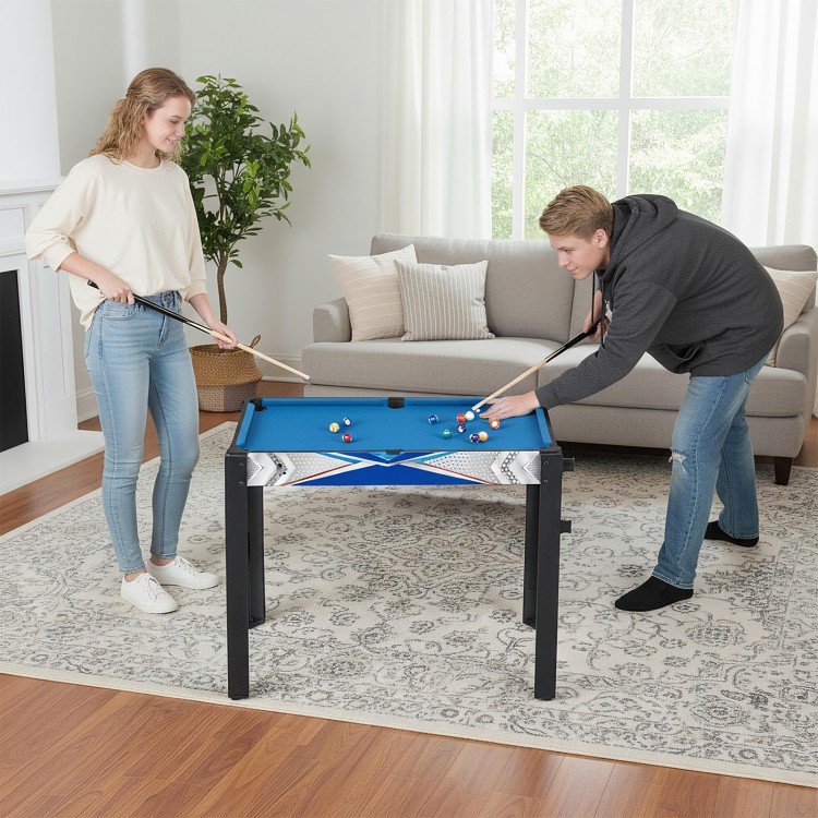 Players enjoying the 6-in-1 combo game table featuring billiards and basketball, perfect for family fun.