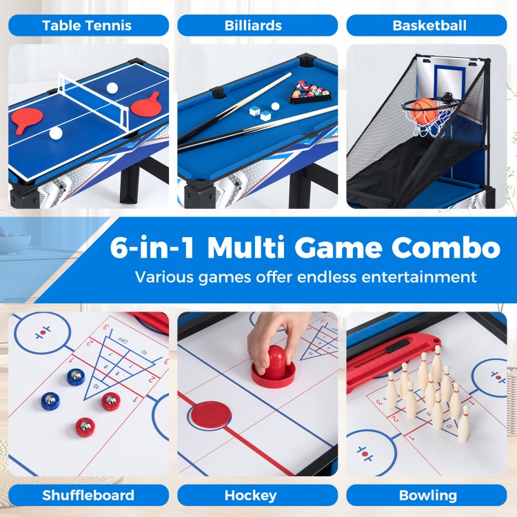 6-in-1 multi game combo table featuring basketball, billiards, hockey, and more for versatile family entertainment.