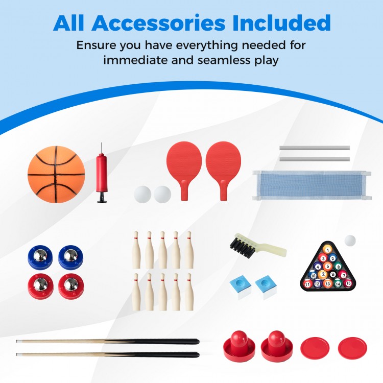 Complete accessory set for 6-in-1 combo game table, including basketball, billiards, ping pong, and more.