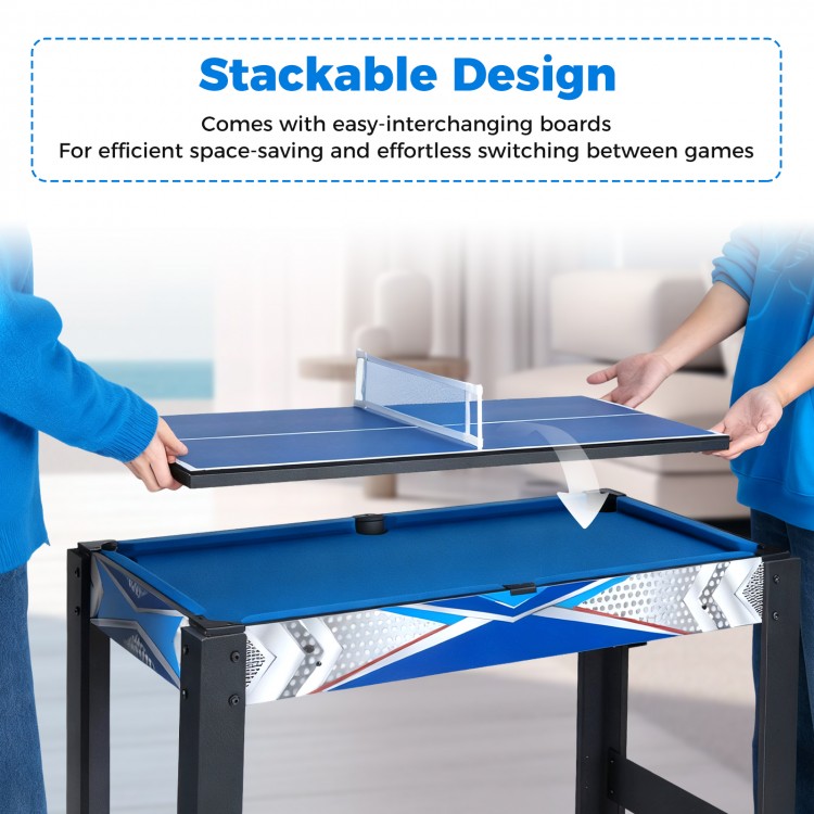 Stackable design of the 6-in-1 combo game table with interchangeable boards for easy game transitions.