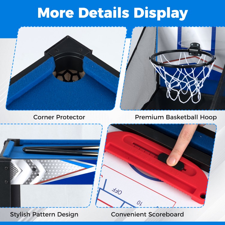 Premium basketball hoop and convenient scoreboard detail for the 6-in-1 combo game table with stylish pattern design.