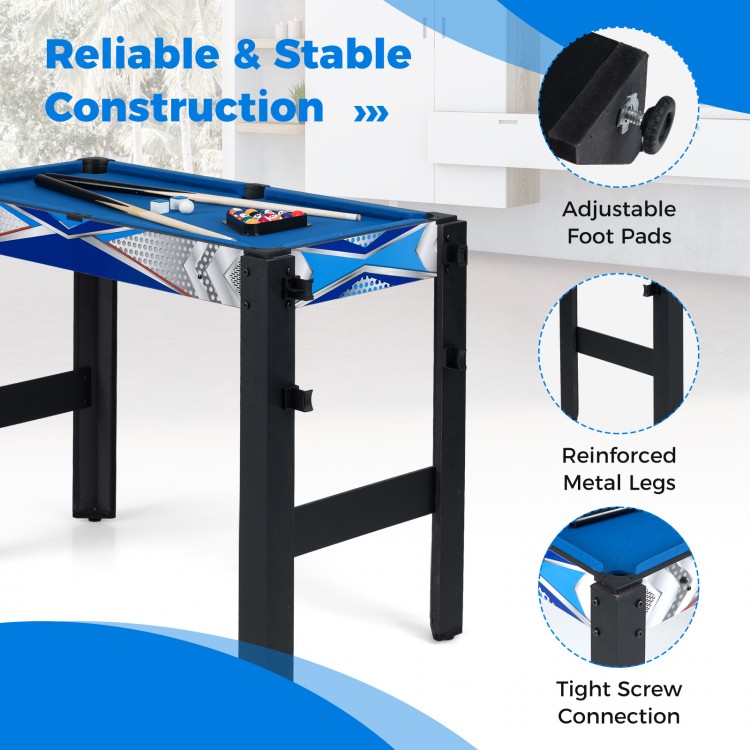 6-in-1 combo game table featuring adjustable foot pads and reinforced metal legs for stability and versatile gameplay.