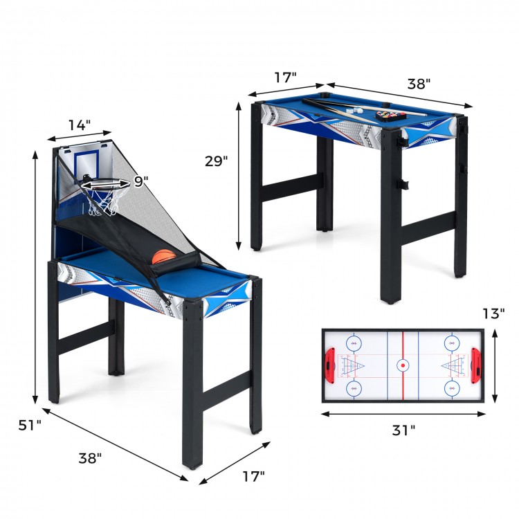 6-in-1 combo game table featuring basketball, billiards, and hockey with adjustable foot pads for stability.