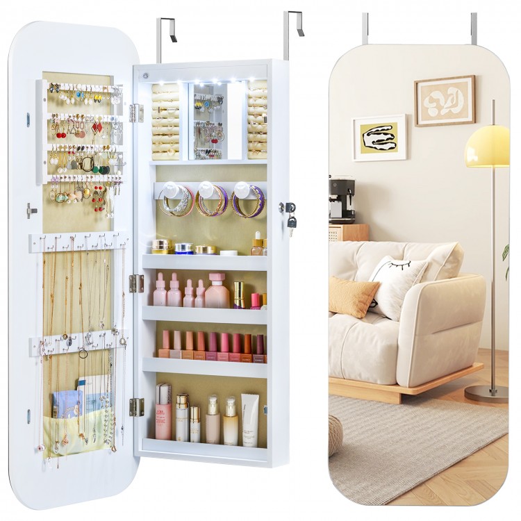 Jewelry cabinet with frameless mirror, LED lights, and organized compartments for jewelry and cosmetics, wall or door.