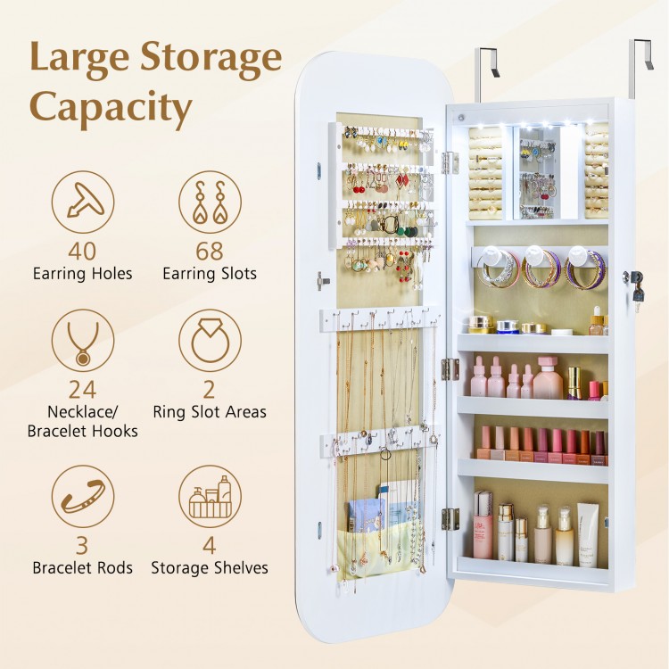 Jewelry cabinet with frameless mirror, LED lights, and organized storage for necklaces, bracelets, and cosmetics.