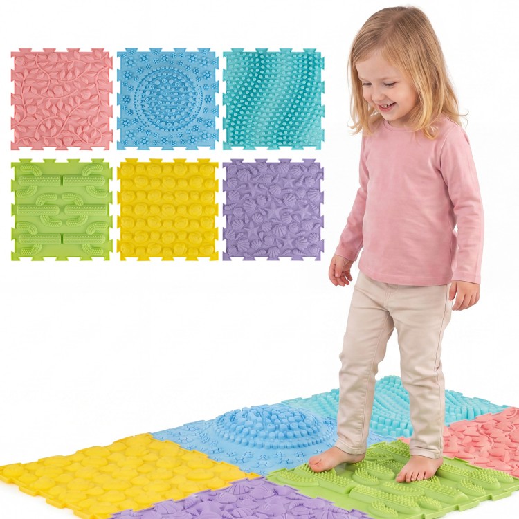 Colorful interlocking sensory mats featuring raised textures, ideal for tactile play and sensory development for kids.