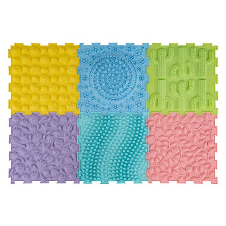 Colorful interlocking sensory mats featuring various textures, ideal for tactile play and sensory development.