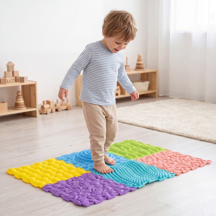 Colorful interlocking sensory mats with raised textures, promoting tactile play and sensory development for kids.