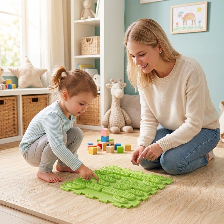 Interlocking sensory mats in vibrant colors, featuring raised textures for tactile play, ideal for kids' sensory.