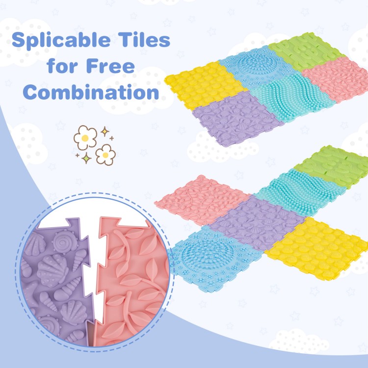 Colorful interlocking sensory mats with raised textures, made of soft TPE, ideal for tactile play and sensory.