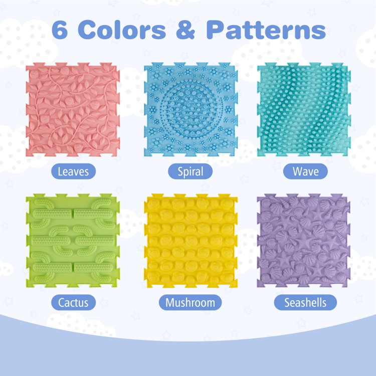 Colorful interlocking sensory mats featuring leaves, spiral, wave, cactus, mushroom, and seashell patterns for tactile.