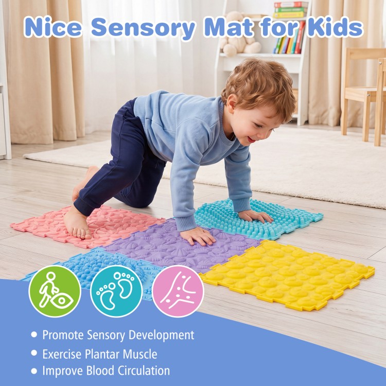 Colorful interlocking sensory mats for kids, featuring raised textures for tactile play and promoting sensory.