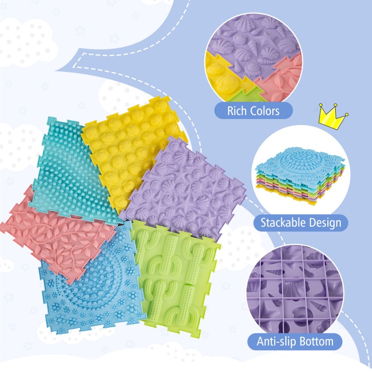 Colorful interlocking sensory mats featuring raised textures, anti-slip bottom, and stackable design for safe play.