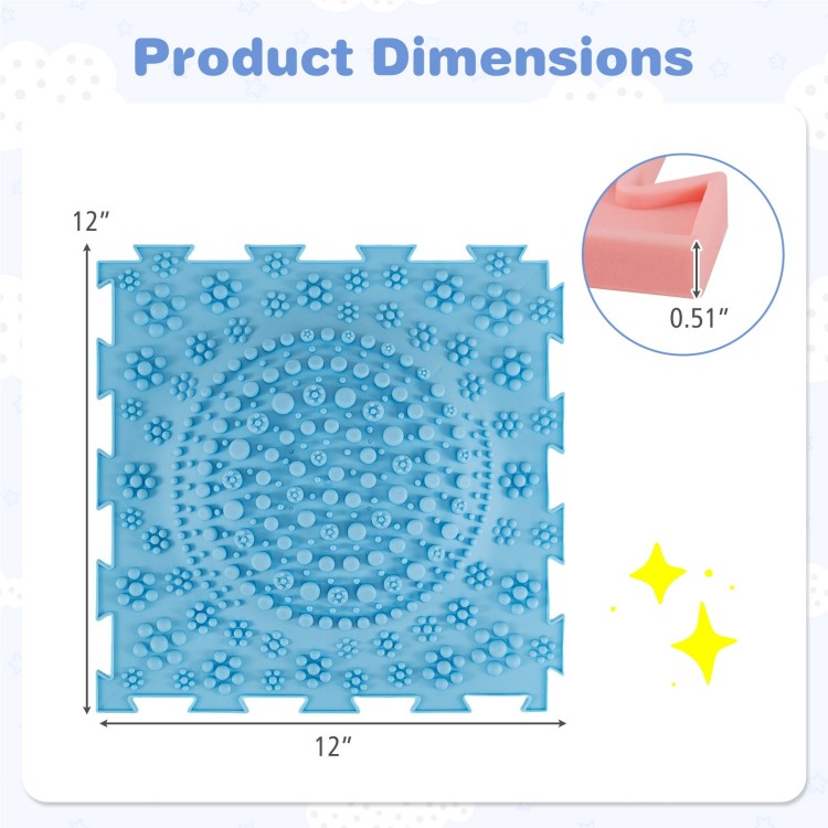 Interlocking sensory mat showing dimensions, made of soft TPE, featuring raised textures for tactile play and safe use.