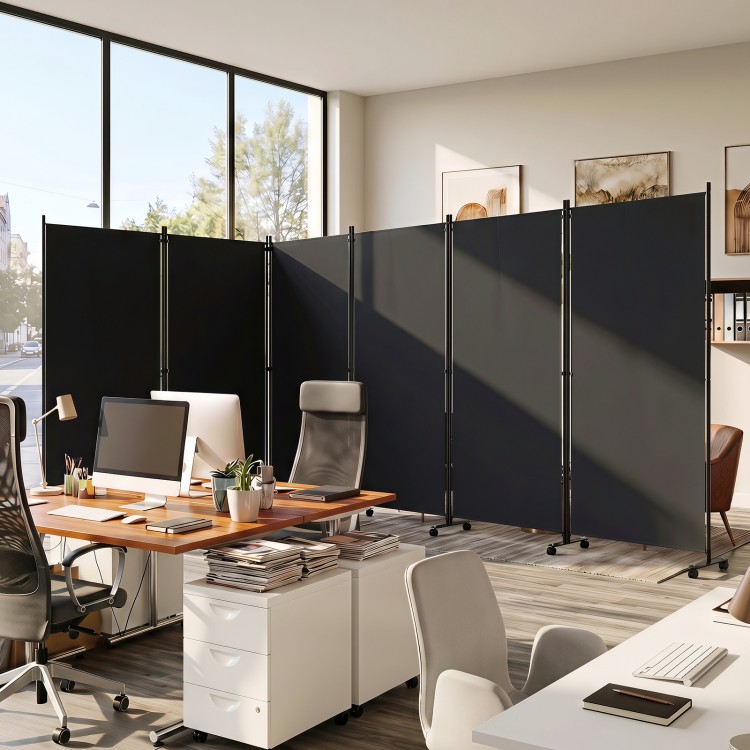 Six-panel folding privacy screen room divider in black, featuring wheels for easy mobility and a robust metal frame.