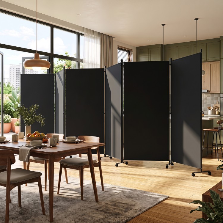 Black 6-panel folding privacy screen room divider with wheels, ideal for living room or dining room use.