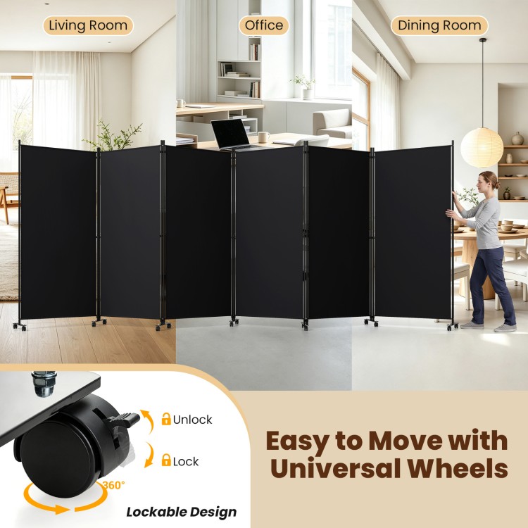Six-panel black folding privacy screen room divider with wheels, ideal for flexible arrangement and easy mobility in any space.