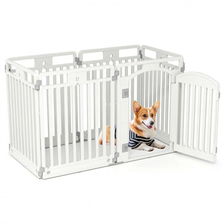 Tall 6-panel dog playpen in white with locking door, ideal for small to medium pets, suitable for indoor and outdoor.