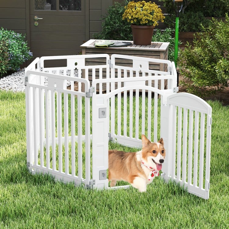 6-panel tall dog playpen in white with locking door, perfect for small and medium pets, suitable for indoor and outdoor.