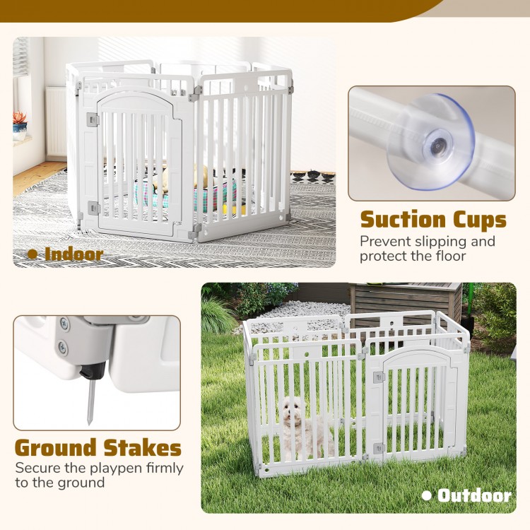 6-panel tall dog playpen in white with locking door, suction cups, and ground stakes for indoor and outdoor use.