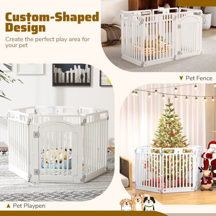 6-panel tall dog playpen in white, made of HDPE, designed for indoor and outdoor use with a safety door lock.