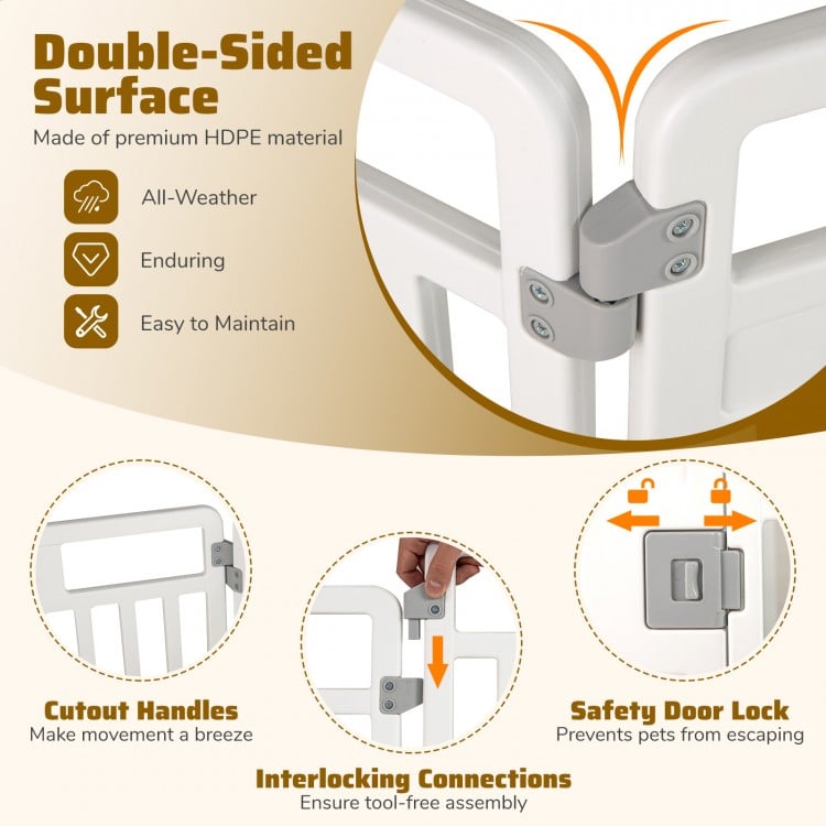 6-panel tall dog playpen in white with safety door lock, interlocking connections, and cutout handles for easy movement.