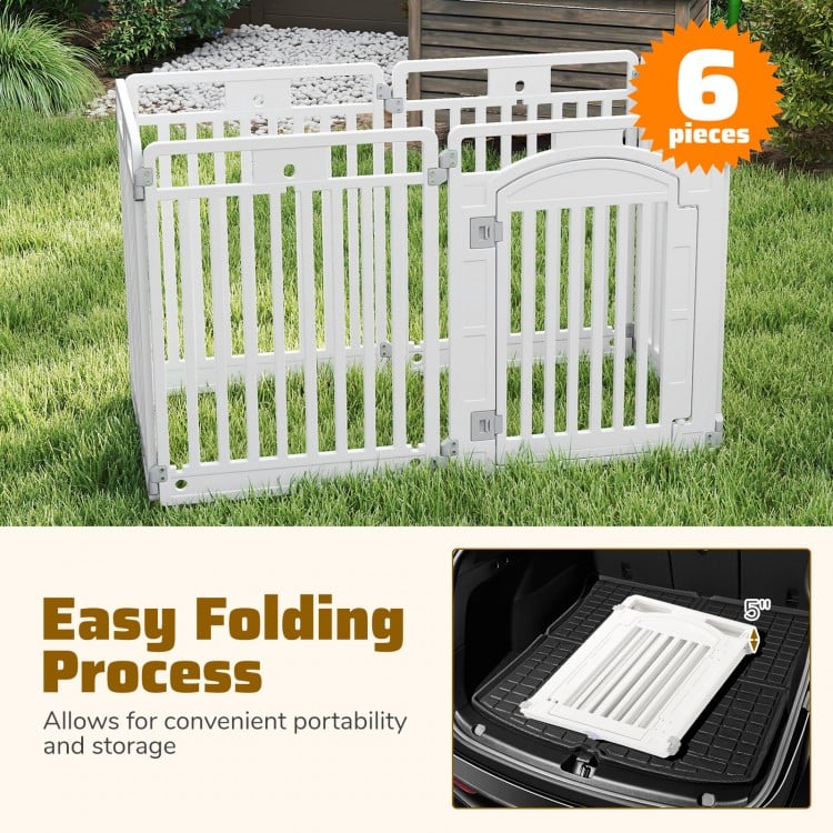 6-panel tall dog playpen in white, featuring a locking door and easy folding design for portable pet safety indoors and.