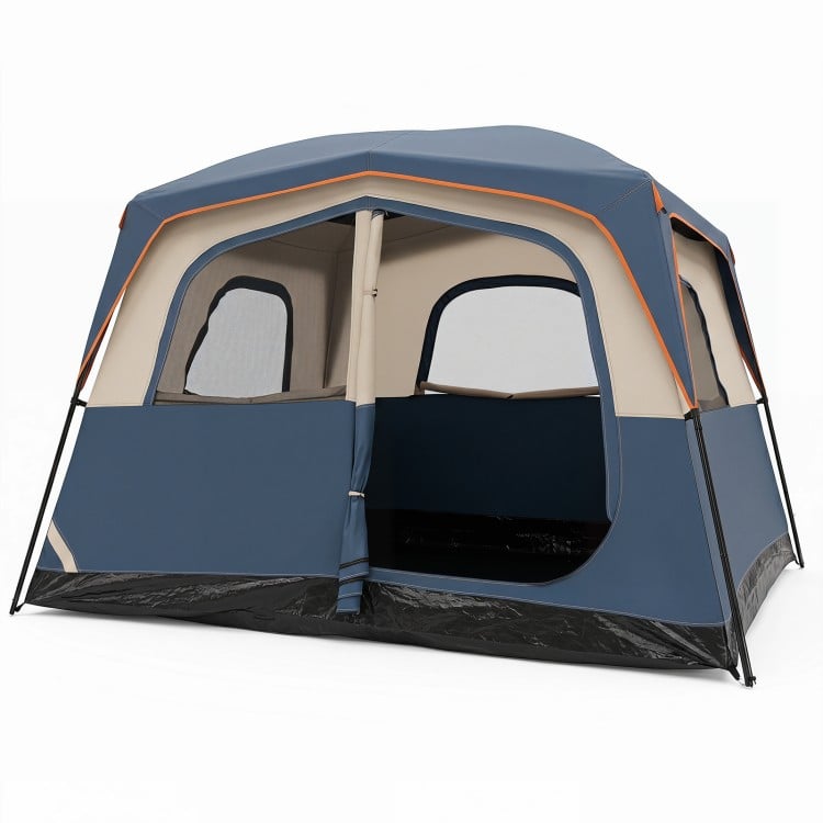 Spacious 6-person camping tent in blue with mesh windows, easy setup, and sturdy fiberglass poles for outdoor adventures.
