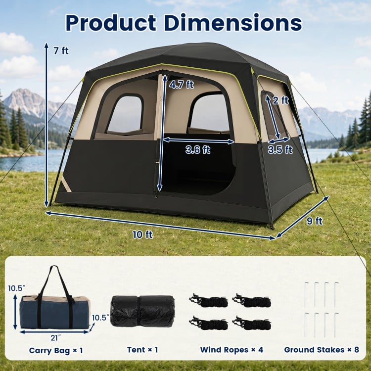 6-person camping tent with mesh windows, sturdy fiberglass poles, and a rainfly, ideal for outdoor gatherings and easy setup.