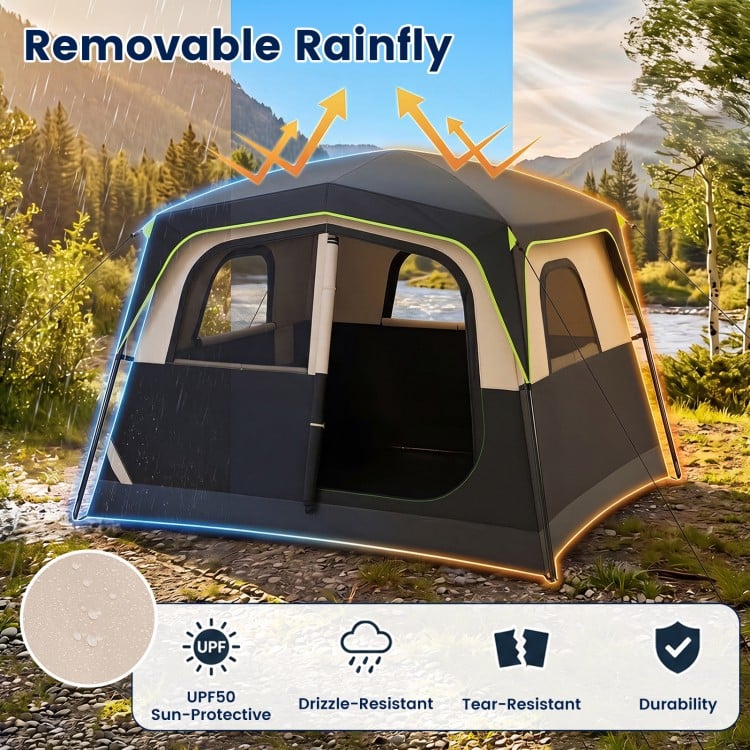 6-person camping tent with removable rainfly, large mesh windows, and sturdy fiberglass poles for reliable outdoor protection.