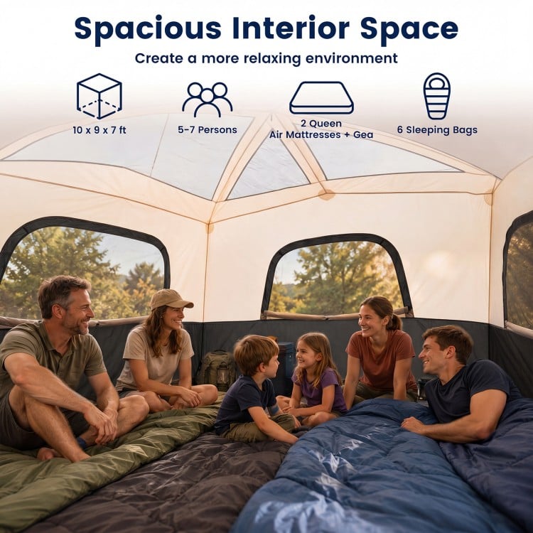 Spacious 6-person camping tent with mesh windows, fitting 2 queen air mattresses or 6 sleeping bags for outdoor comfort.